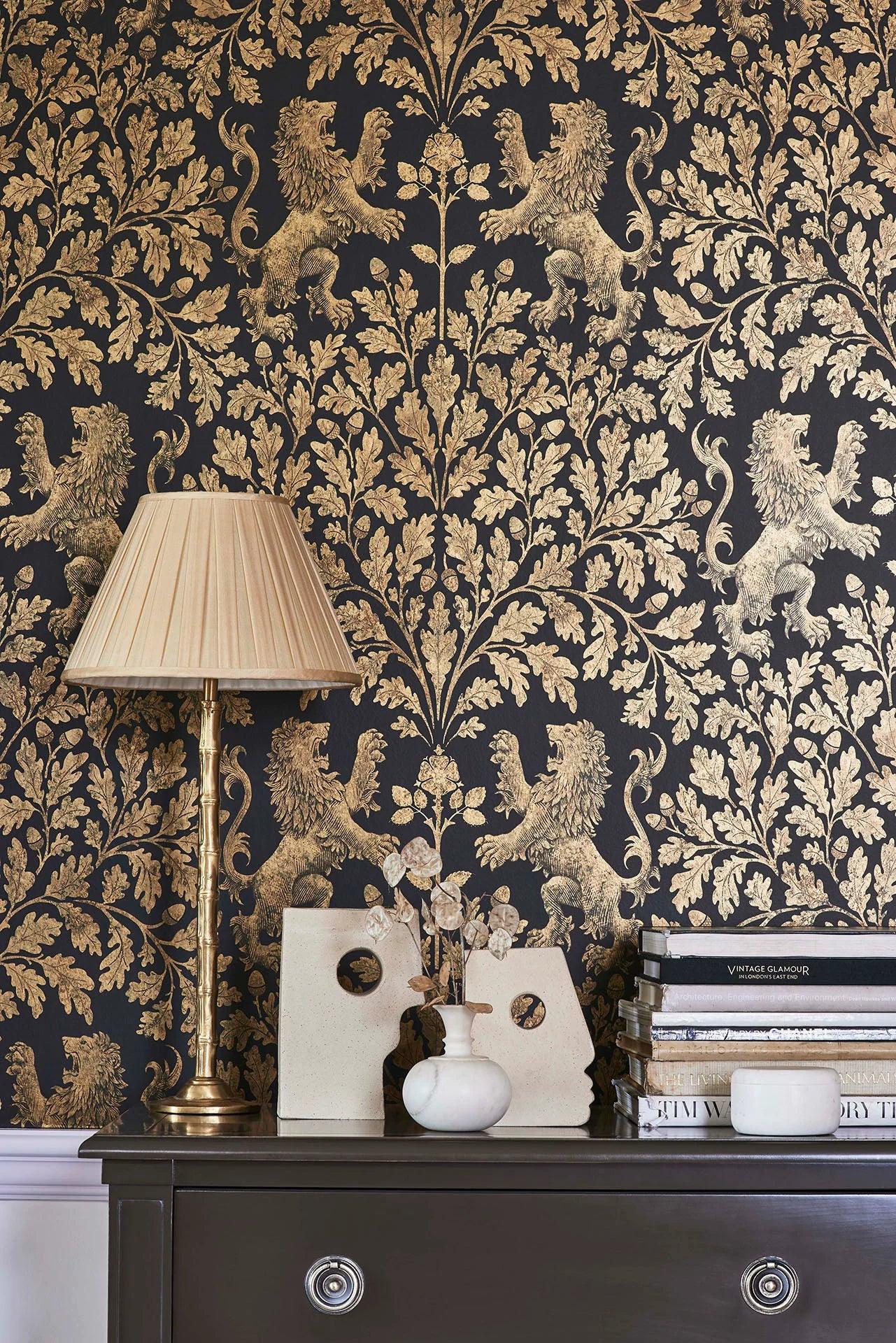 Metallic wallpaper with a motif of plant and animal ornaments THE PEARWOOD COLLECTION - Boscobel Oak burgundy
