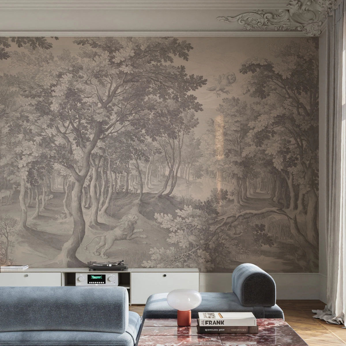 Non-woven wallpaper with the landscape TIMELESS TREES BEIGE beige
