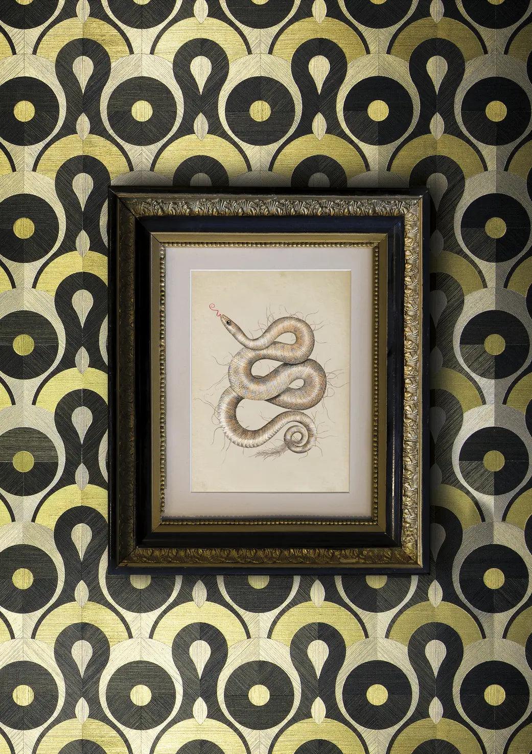 Tapeta naturalna strukturalna z geometrycznym wzorem QUEEN COBRA czarny z żółtym na ścianę – Arte