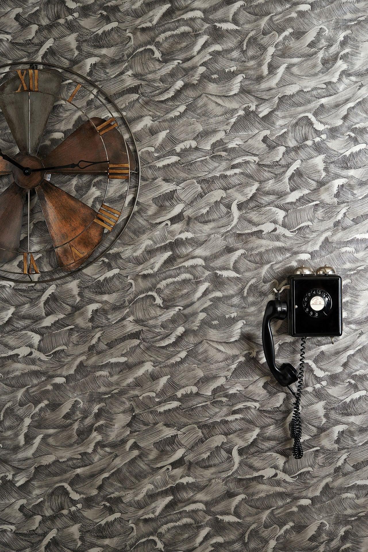 Wallpaper with an abstract pattern of sea waves WHIMSICAL - Columbus gray