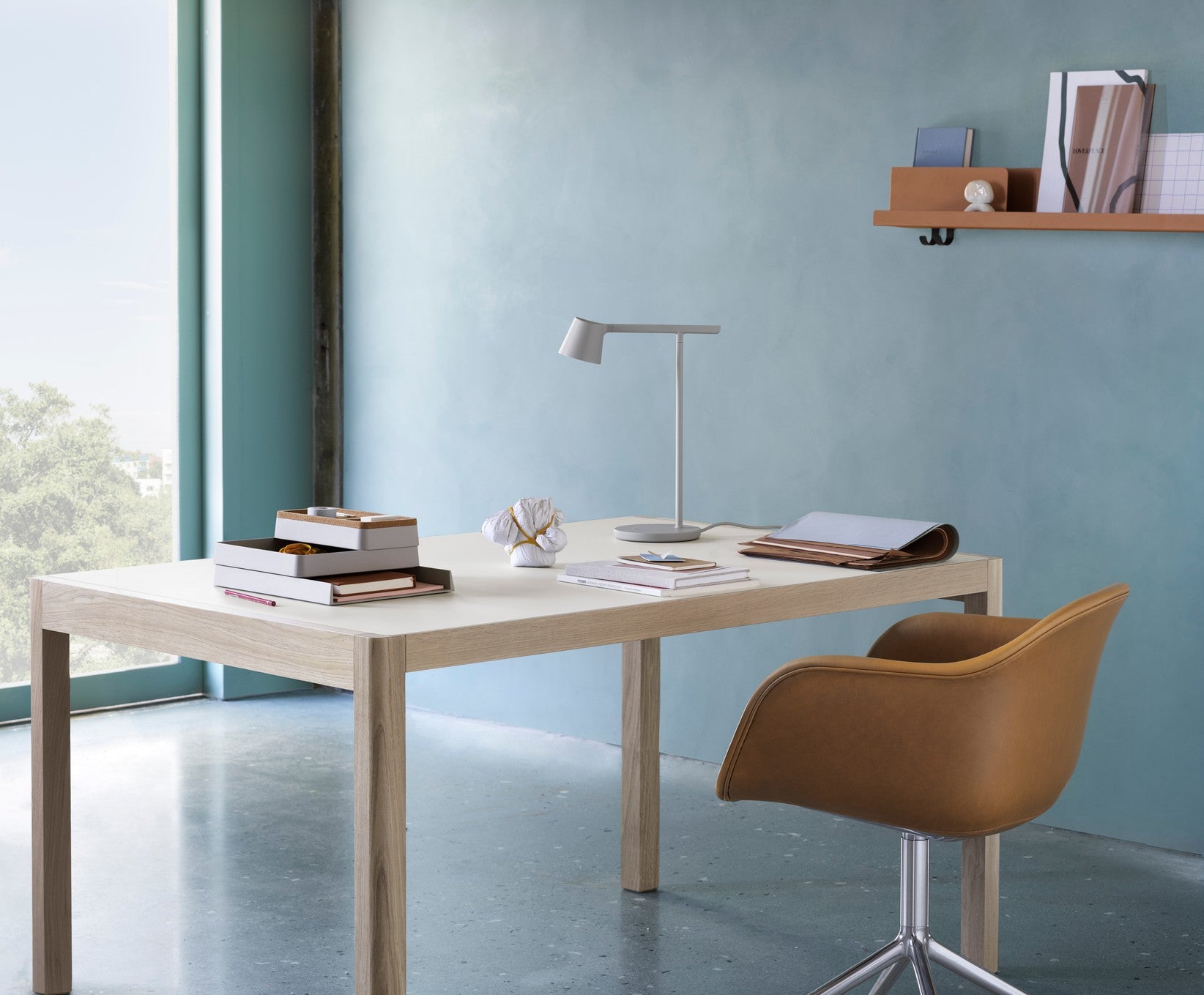 WORKSHOP table with gray linoleum and oak base
