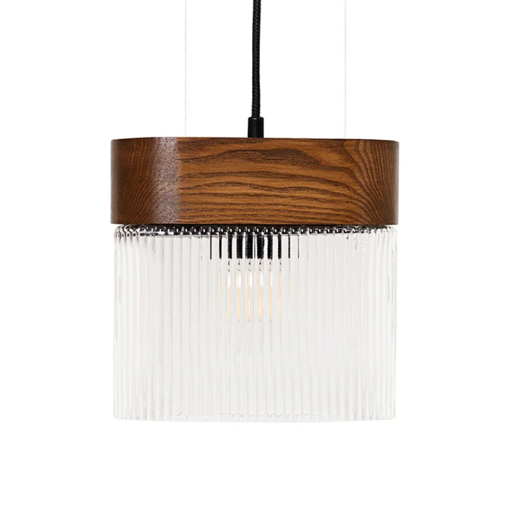 FLUMINA pendant lamp with ribbed glass and ash wood