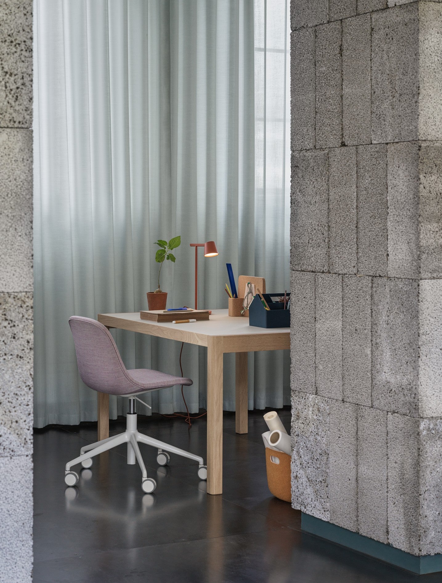 WORKSHOP table with gray linoleum and oak base