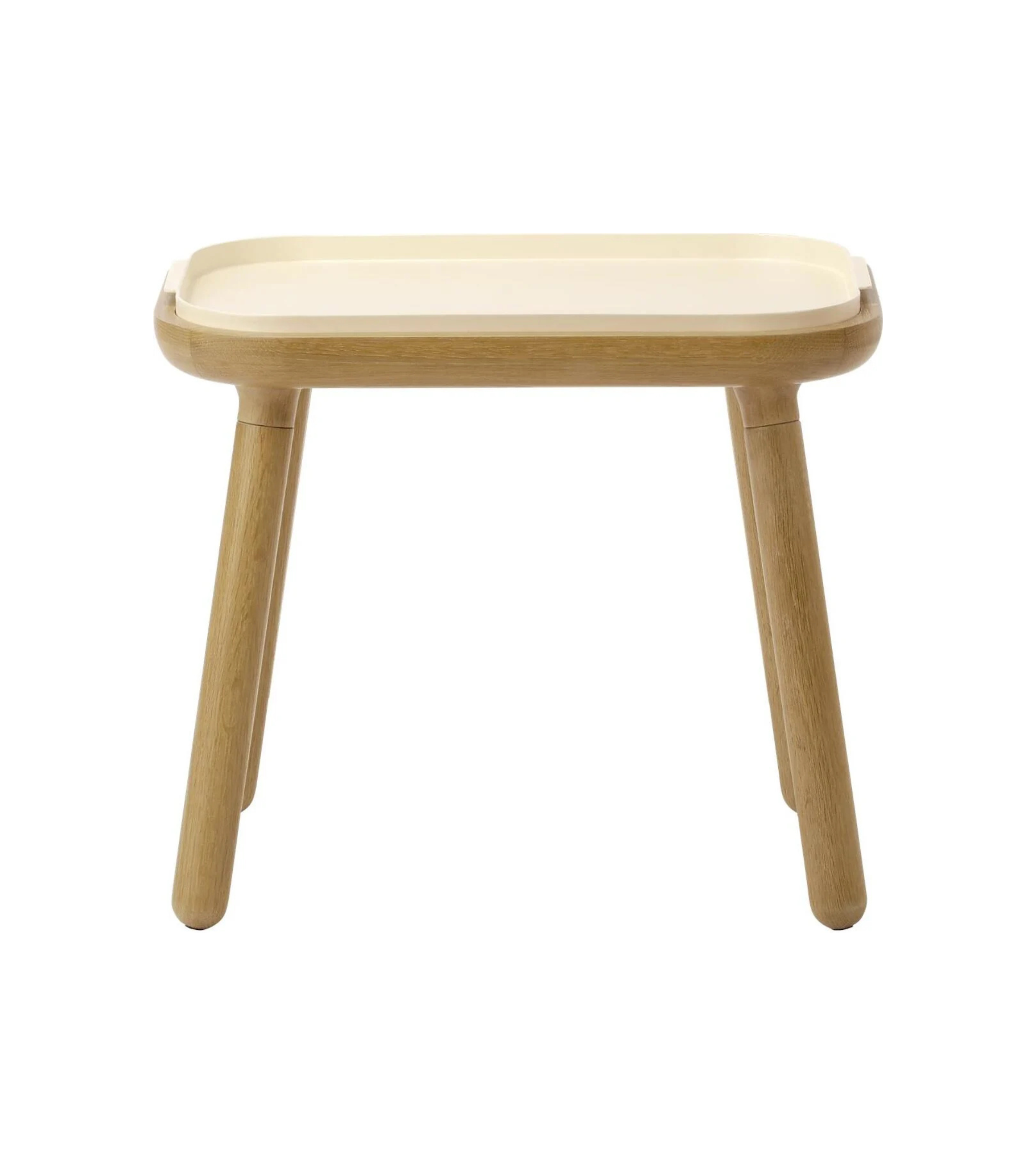 Tisch PAFF perlmuttweiß mit Eichenbasis