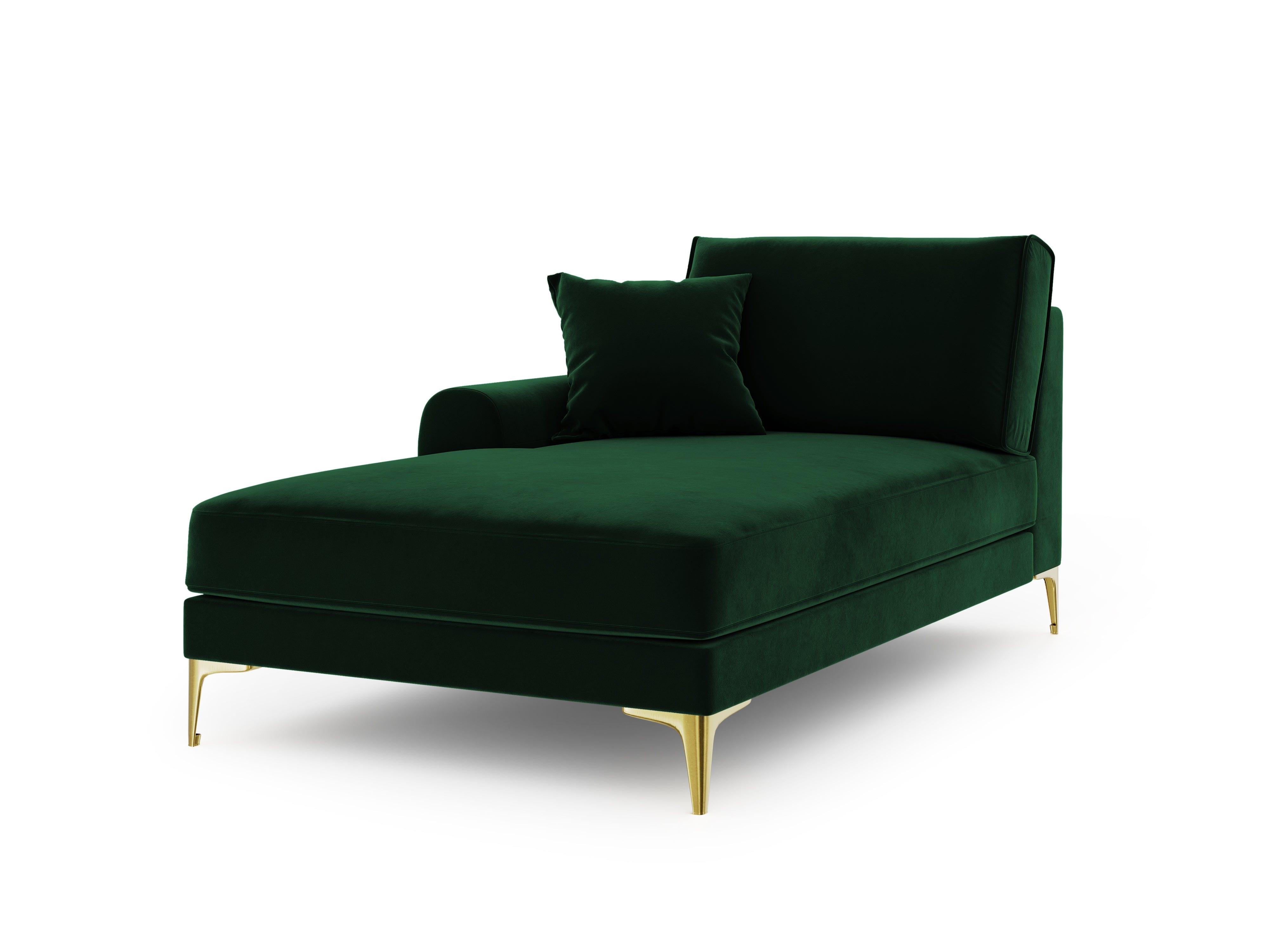 Szezlong aksamitny lewostronny MADARA butelkowa zieleń ze złotą podstawą Mazzini Sofas Eye on Design