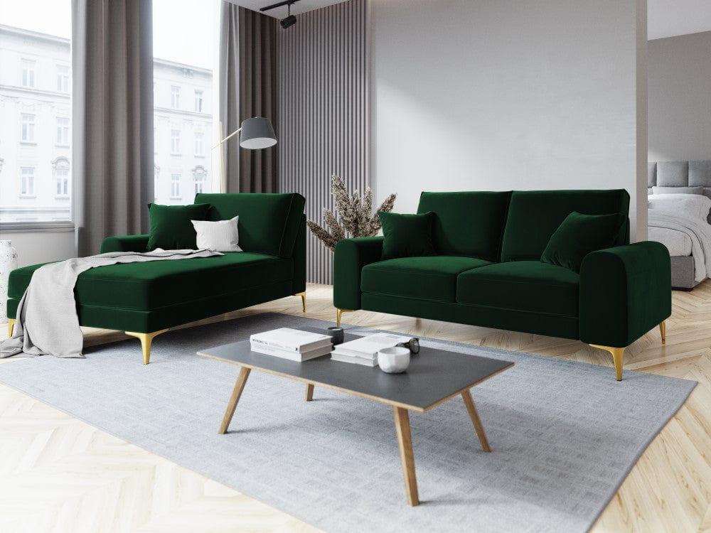 Szezlong aksamitny lewostronny MADARA butelkowa zieleń ze złotą podstawą Mazzini Sofas Eye on Design