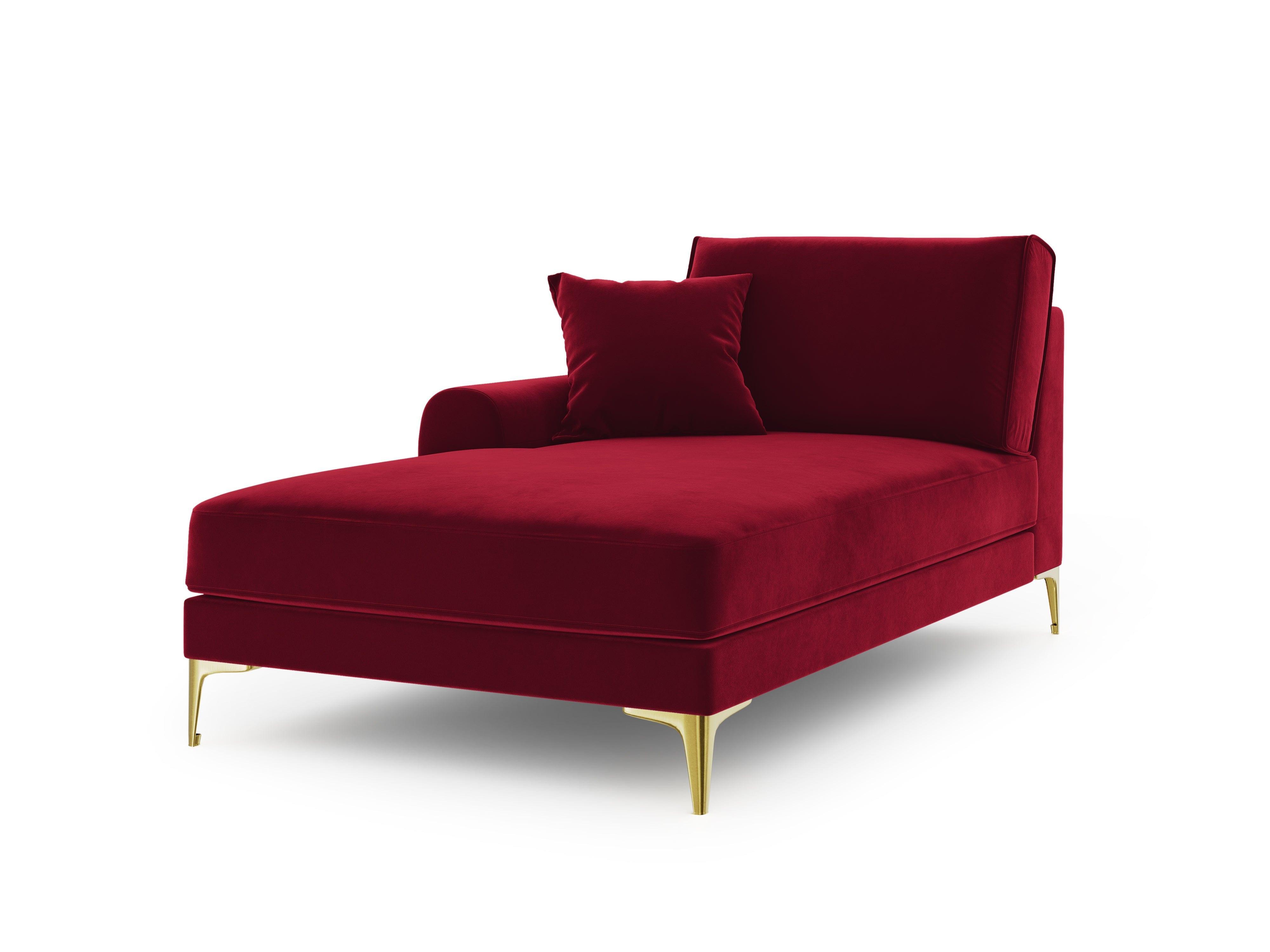 Szezlong aksamitny lewostronny MADARA czerwony ze złotą podstawą Mazzini Sofas Eye on Design
