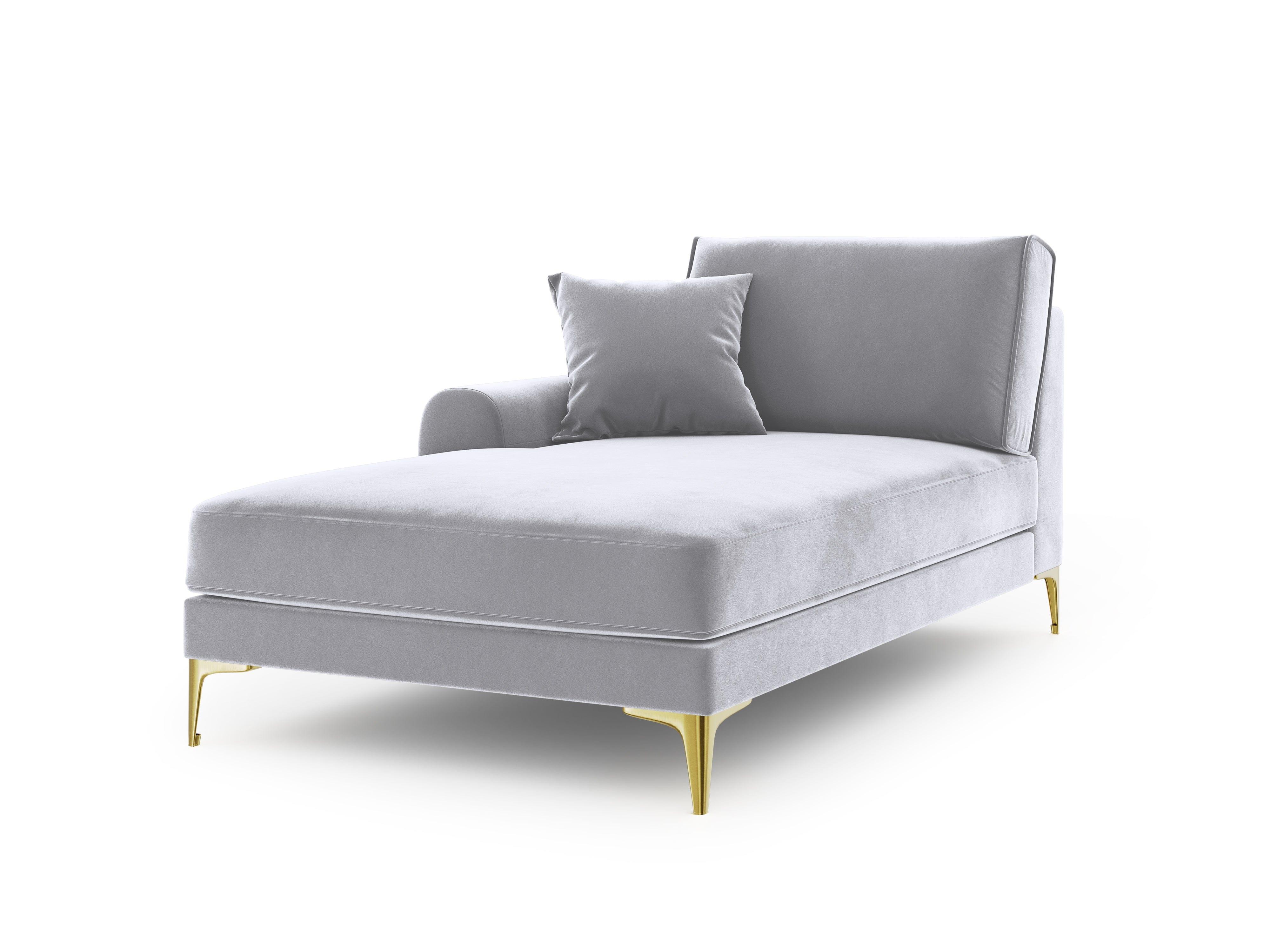Szezlong aksamitny lewostronny MADARA srebrny ze złotą podstawą Mazzini Sofas Eye on Design