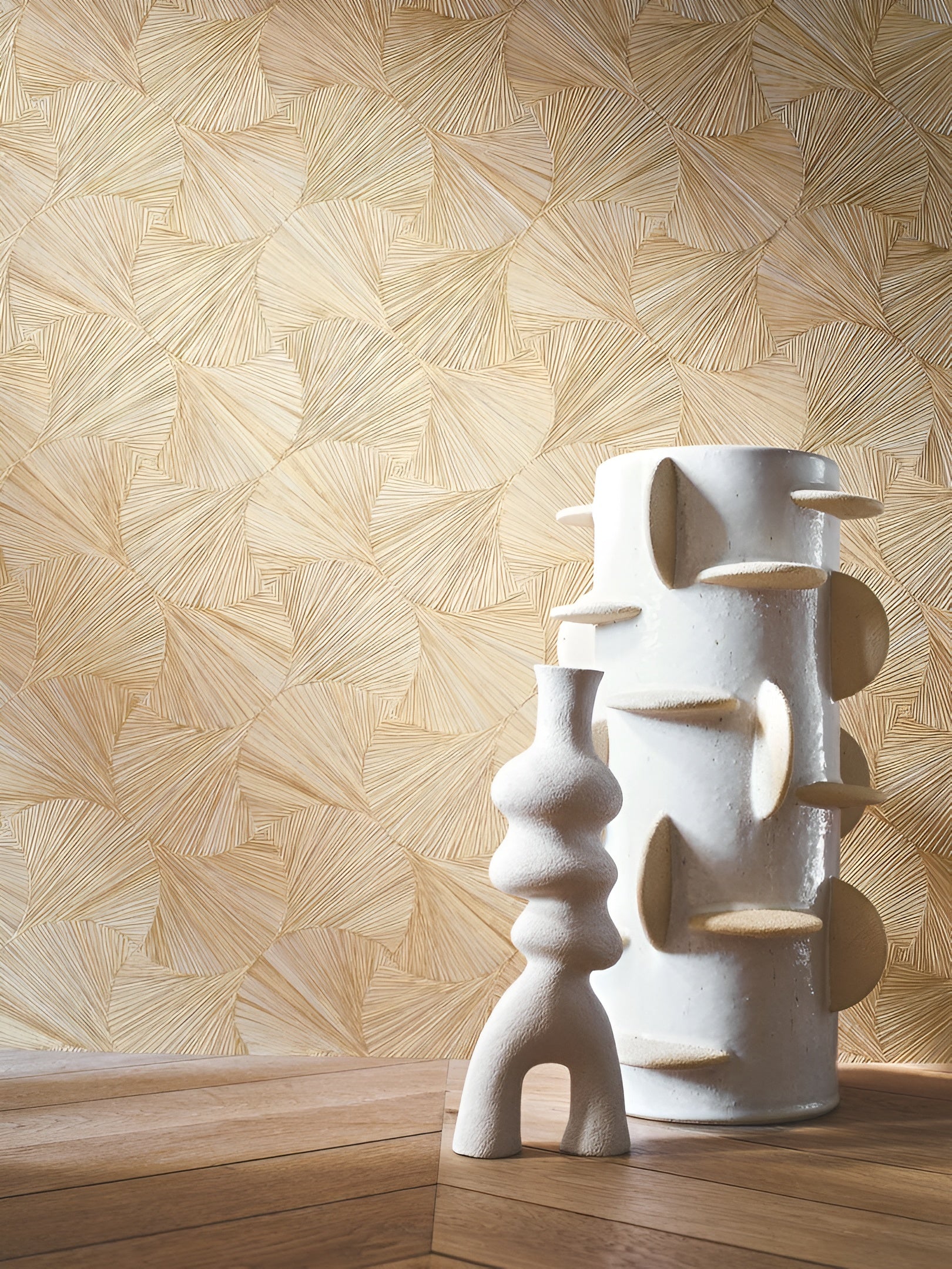 Geometric Structural Wallpaper with Leaf Plant Motif LOMBOK - OPALINE Light Green