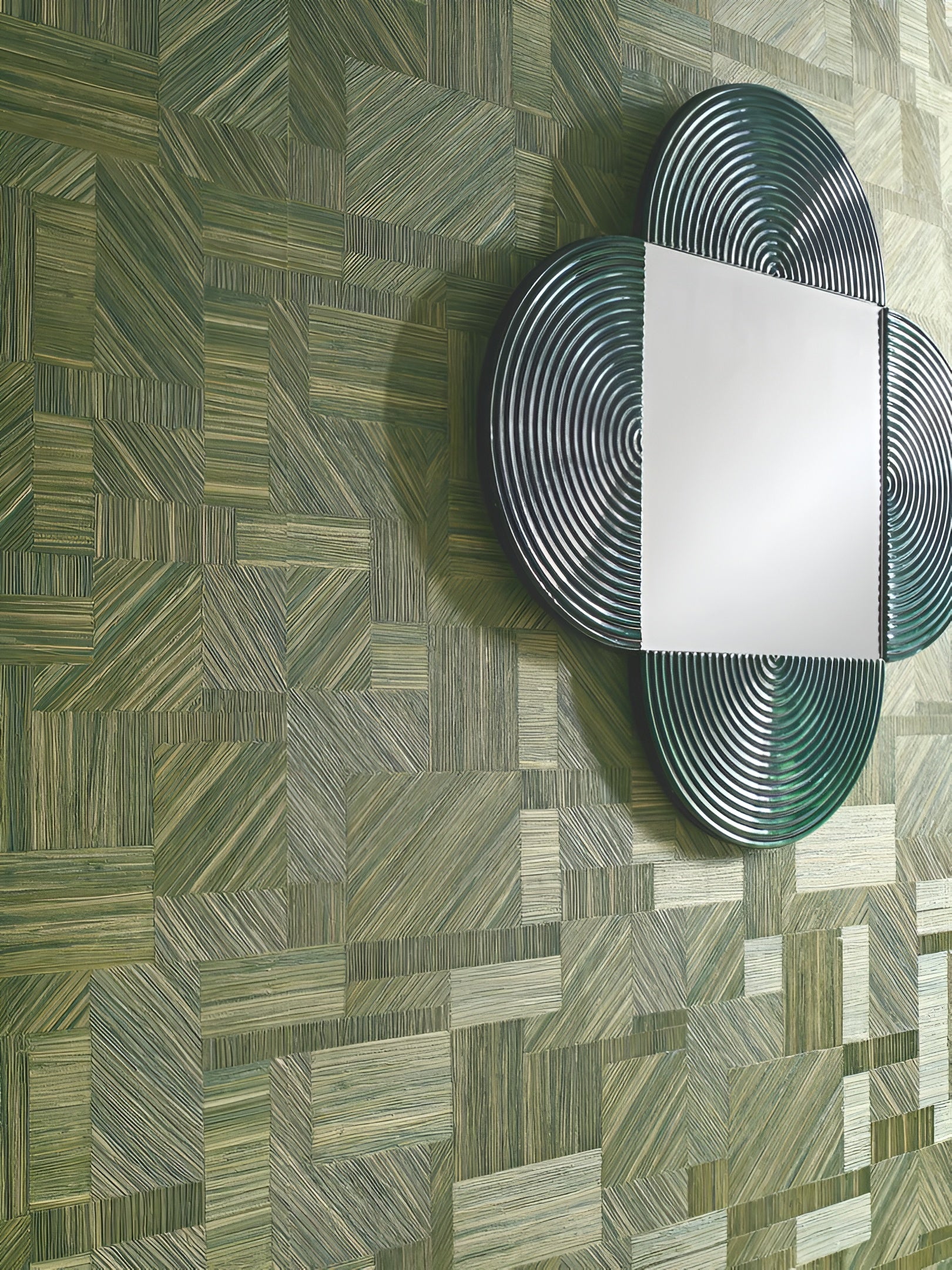 Geometric Structural Wallpaper Imitating Straw Patchwork IMBRICATION - VERT MOUSSE Green