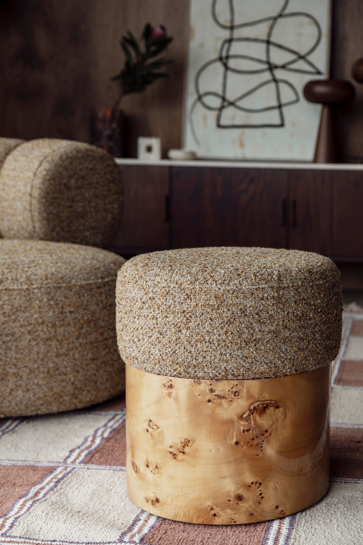 Hocker BURLIN beige mit Wurzelholzfurnier