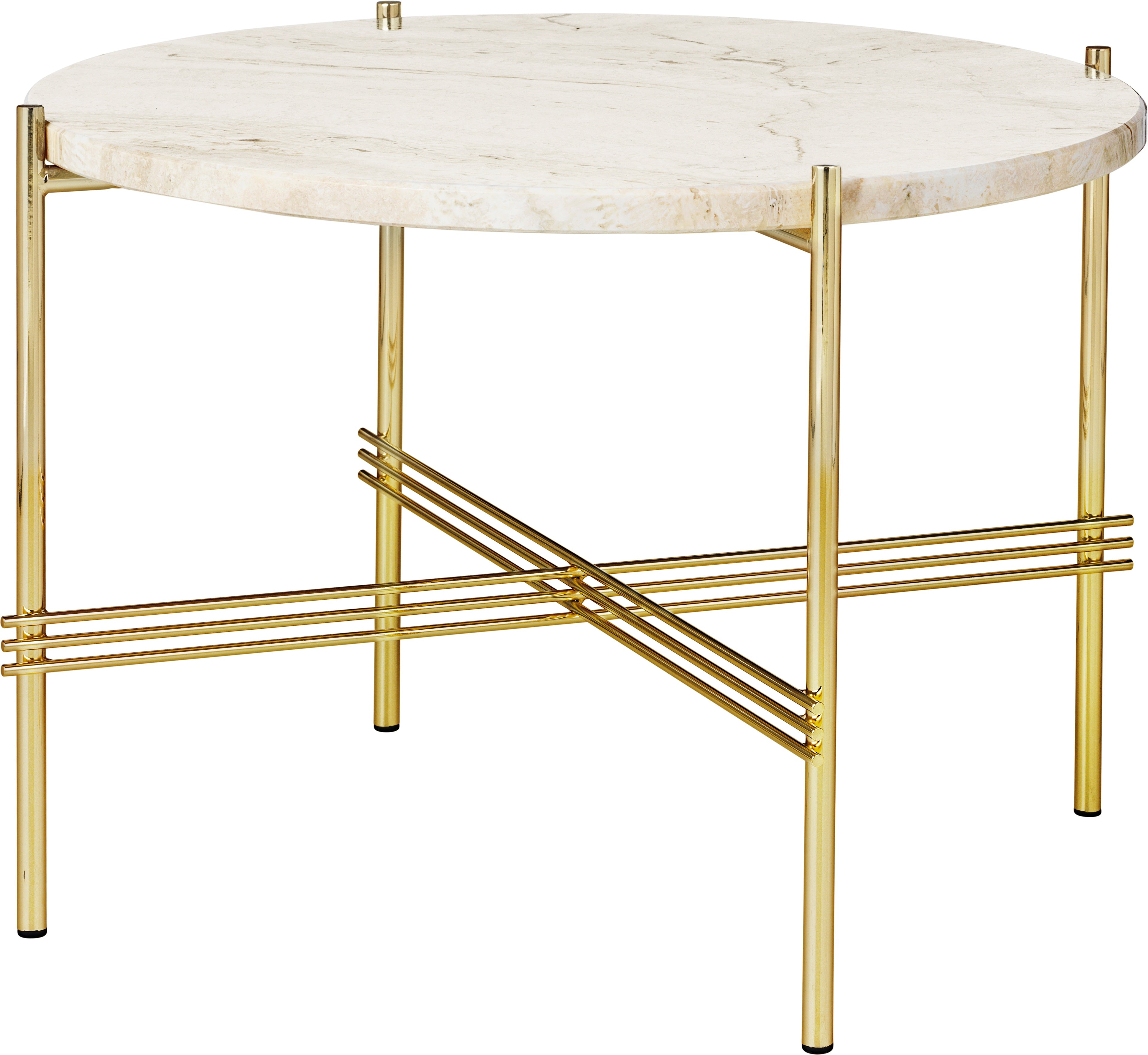 Round coffee table TS cream travertine with a gold base