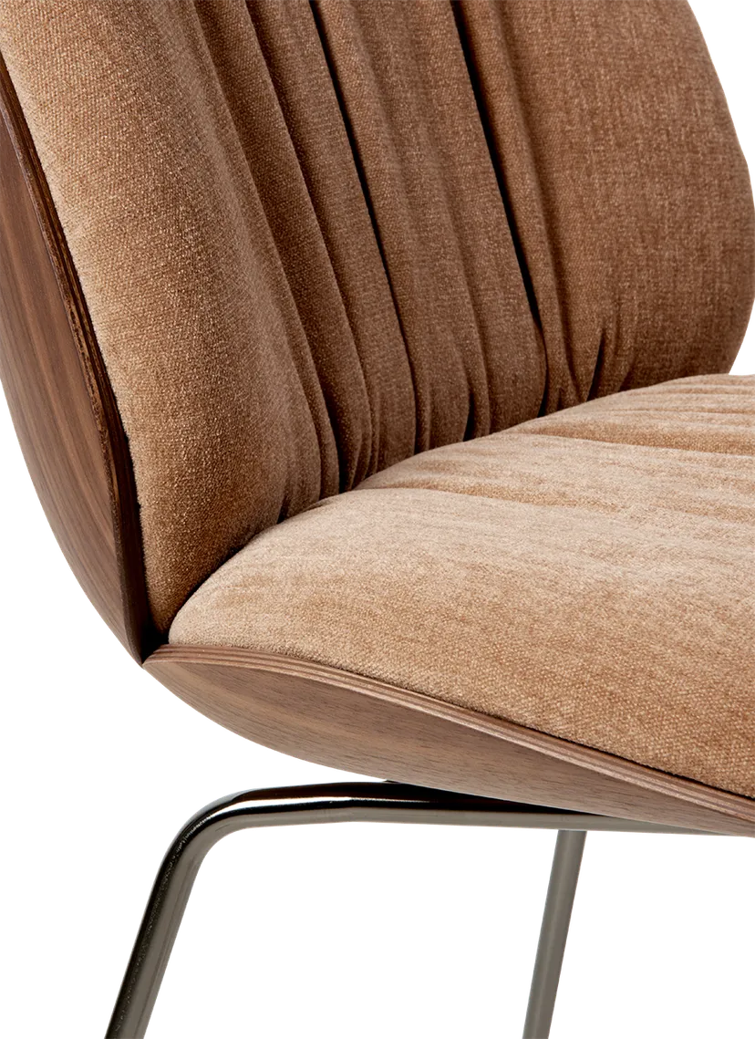 BEETLE SOFT upholstered chair with wooden finish and black chrome base