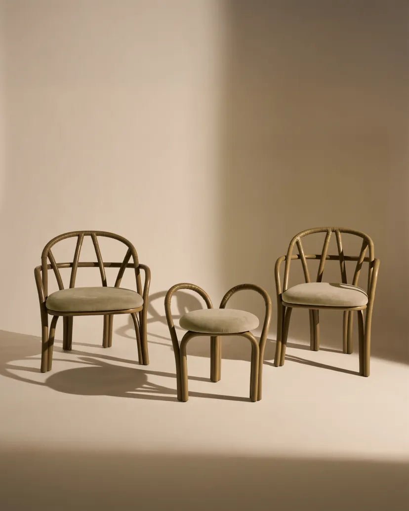 Upholstered BISTRA Stool with Olive Rattan Base