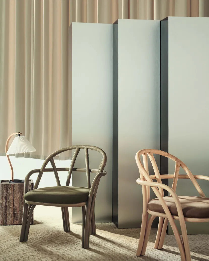 Upholstered BISTRA armchair with an olive rattan base