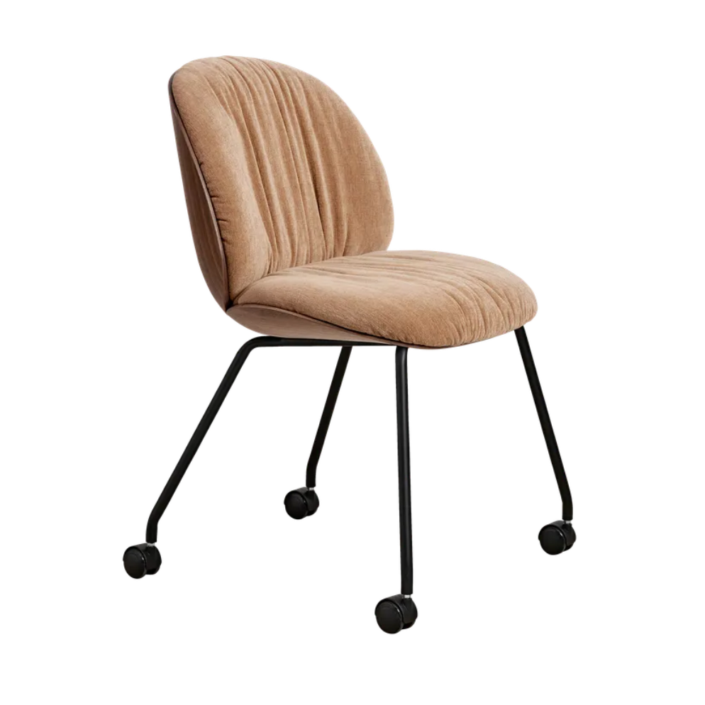 BEETLE SOFT upholstered office chair with walnut wood and black wheeled legs