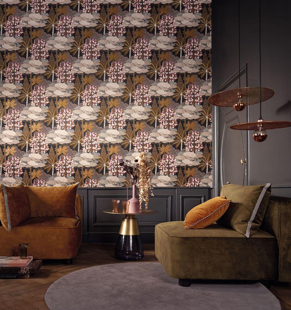 Metallic Wallpaper with Plant Motif MARAKANDA - MARINE/DORE Navy Blue with Gold