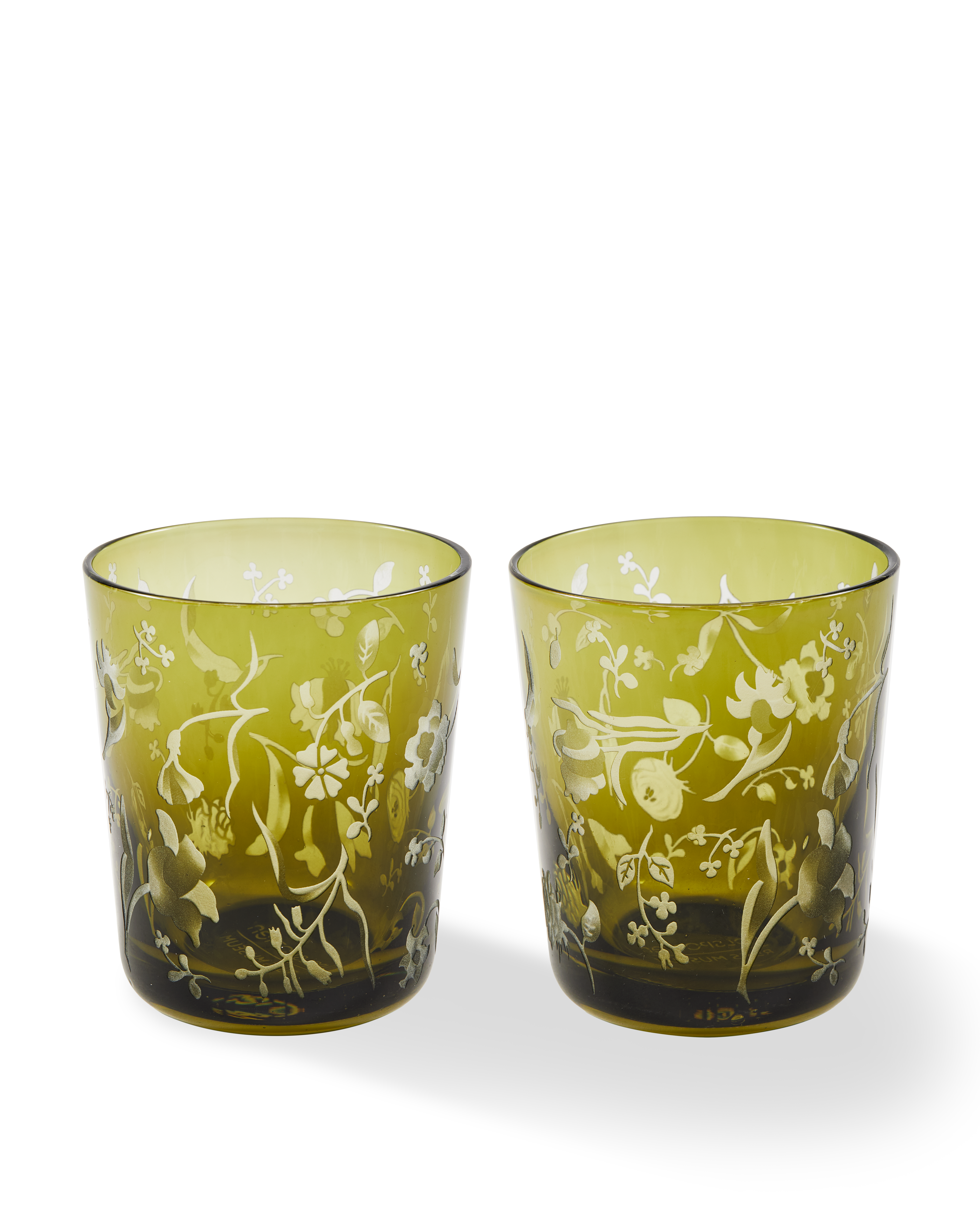 SCATTERED FLOWERS Olive Glasses Set with Sandblasted Pattern