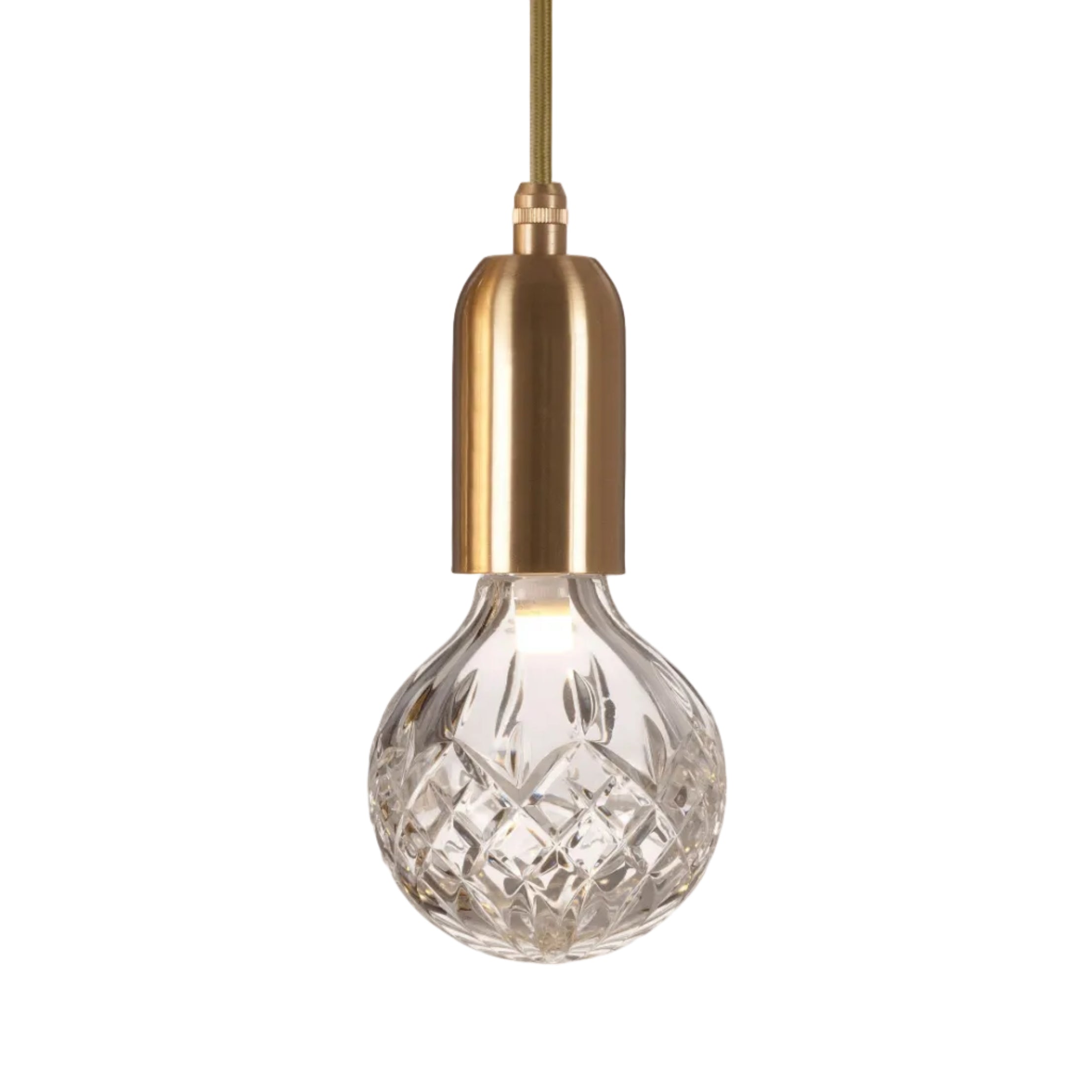 Pendelleuchte CRYSTAL BULB aus Kristallglas mit messingfarbener Oberfläche