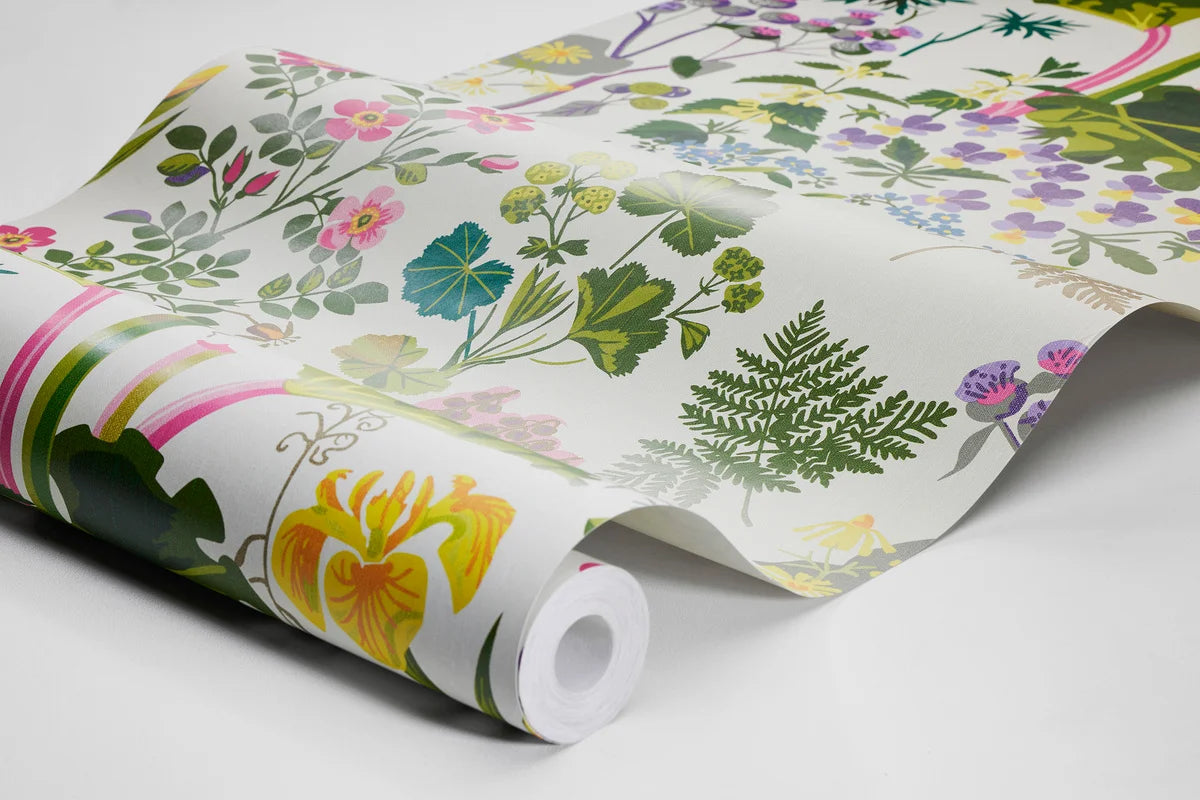 Tapete mit floralem Blumenmuster GOCKEN JOBS RABARBER weiß mit grün