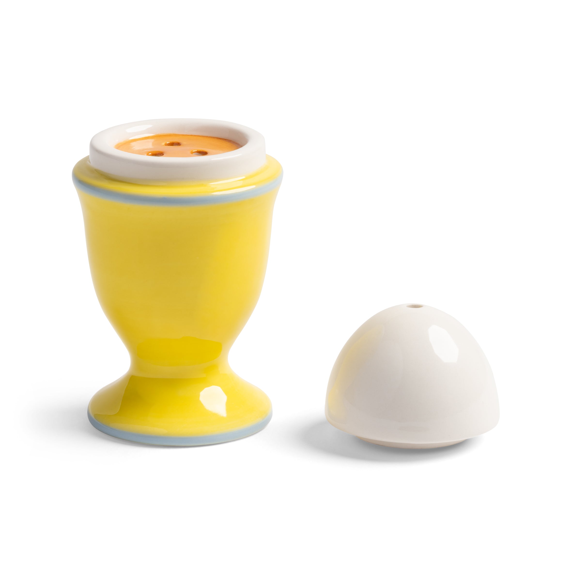 Eierbecher und Pfeffermühle EGG gelb mit blau und weiß