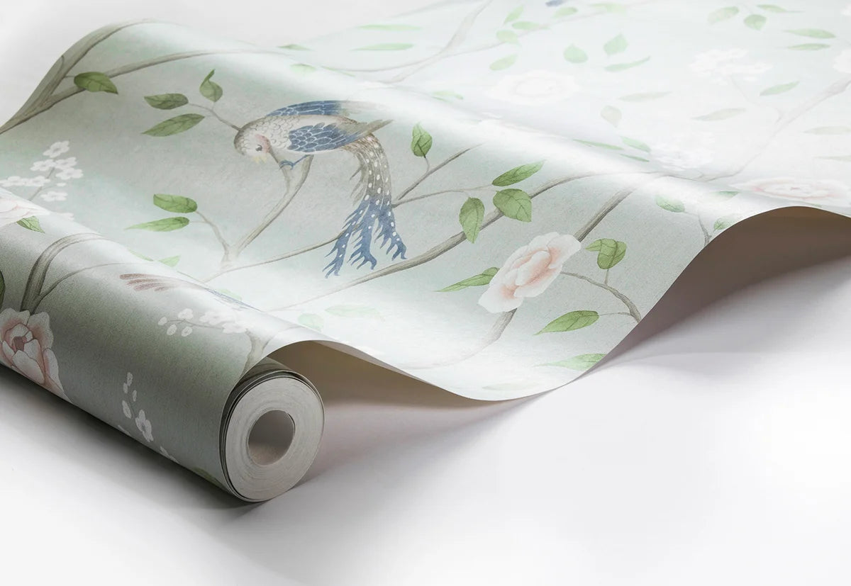 Non-woven paper wallpaper with a botanical pattern PARADISE BIRDS green and white