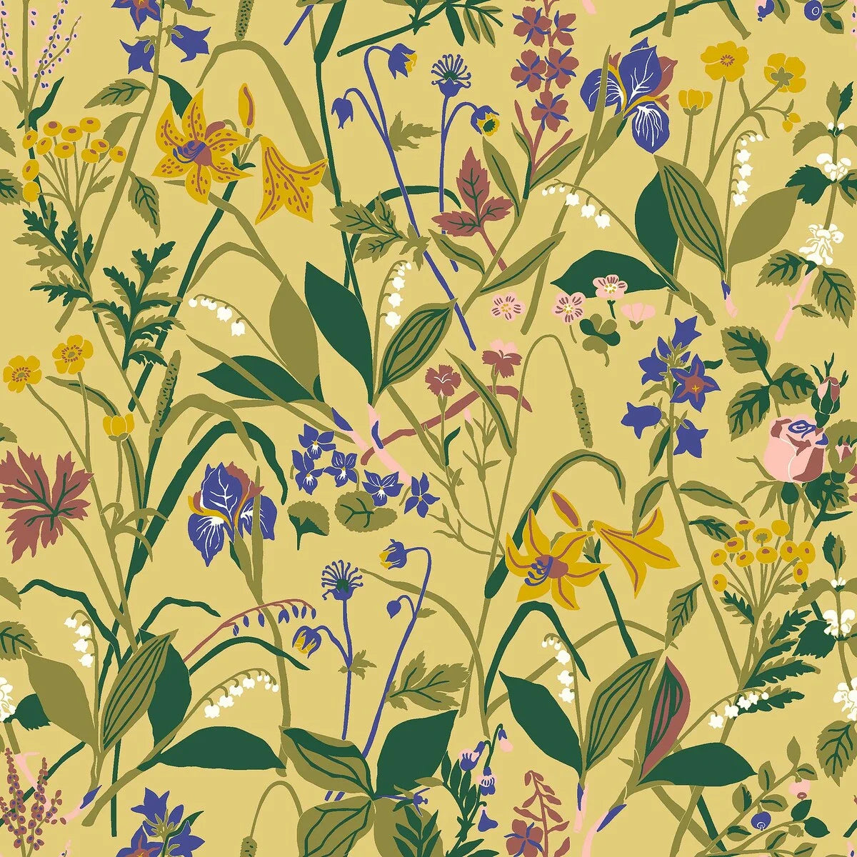 Wallpaper with a floral plant motif ROS OCH LILJA yellow