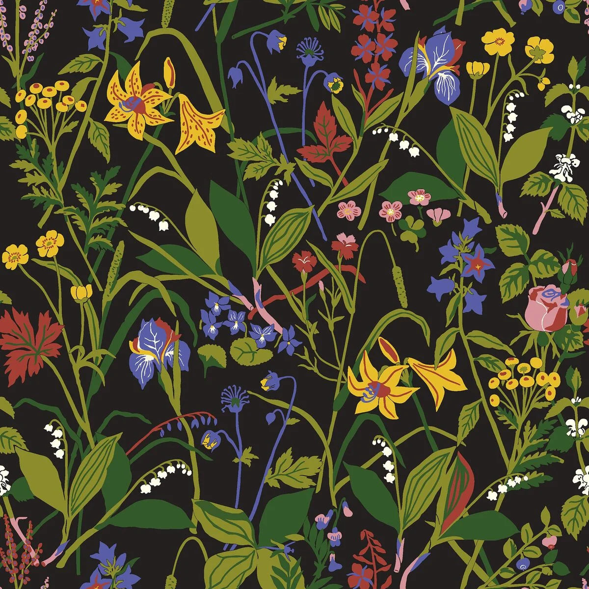 Wallpaper with floral motif of ROS OCH LILJA flowers in black