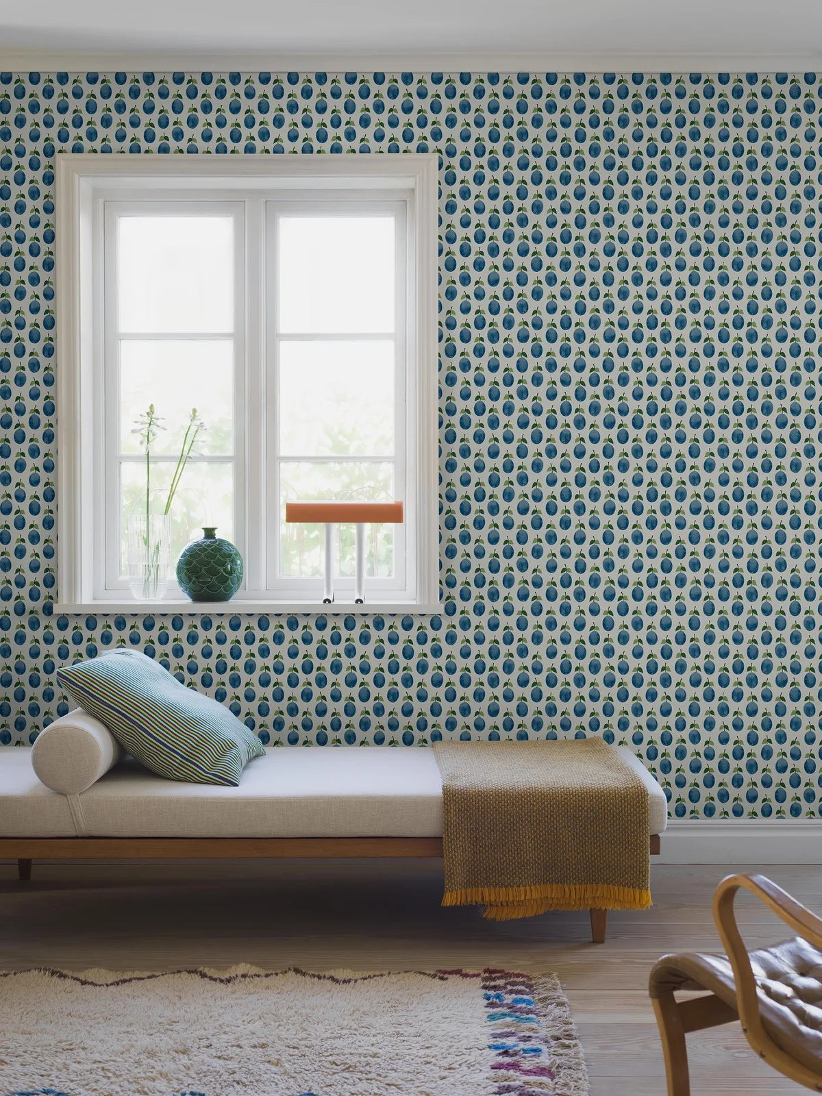 White PRUNUS Fruit Plant Motif Wallpaper with Blue