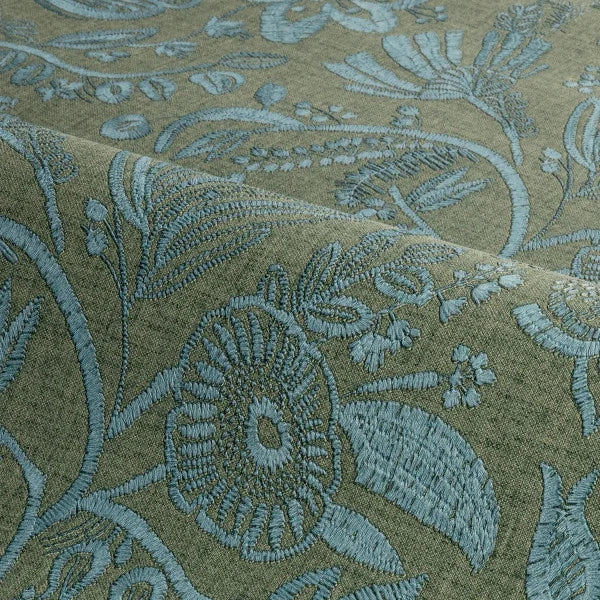 Strukturierte Tapete, die Stickerei mit floralem Motiv von Blumen und Blättern im PASTEL-Grün mit Blau imitiert