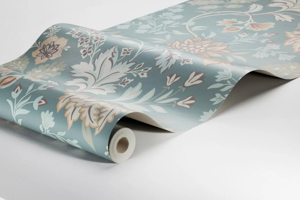 Non-woven paper wallpaper with a floral pattern ALICIA blue with green
