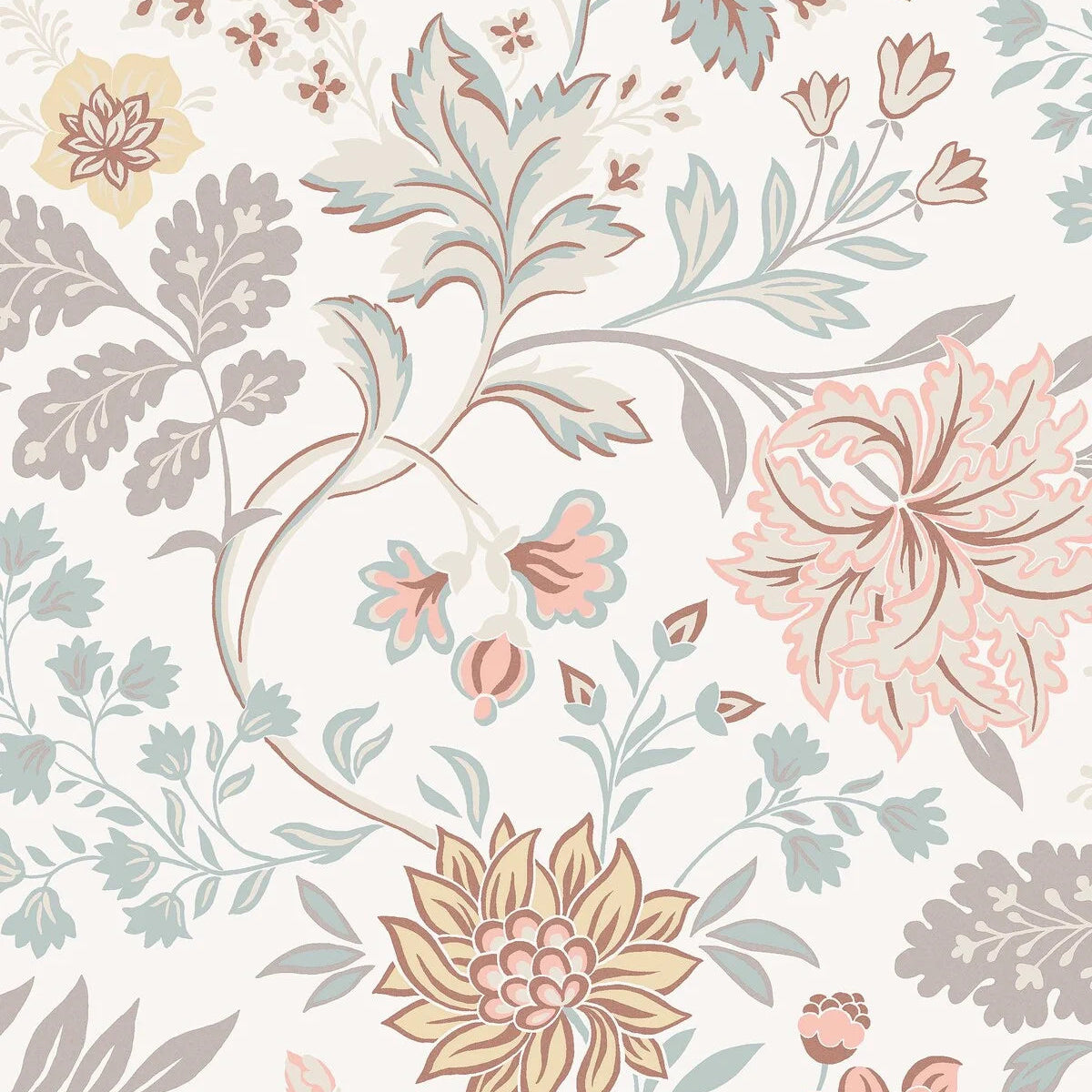 Non-woven paper wallpaper with a floral pattern ALICIA beige with green and pink