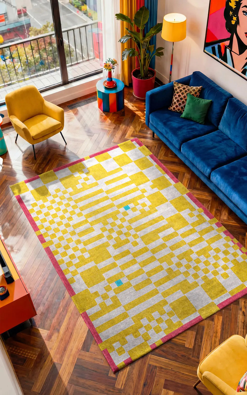 CHESS CUPCAKE Yellow Rug with White and Pink