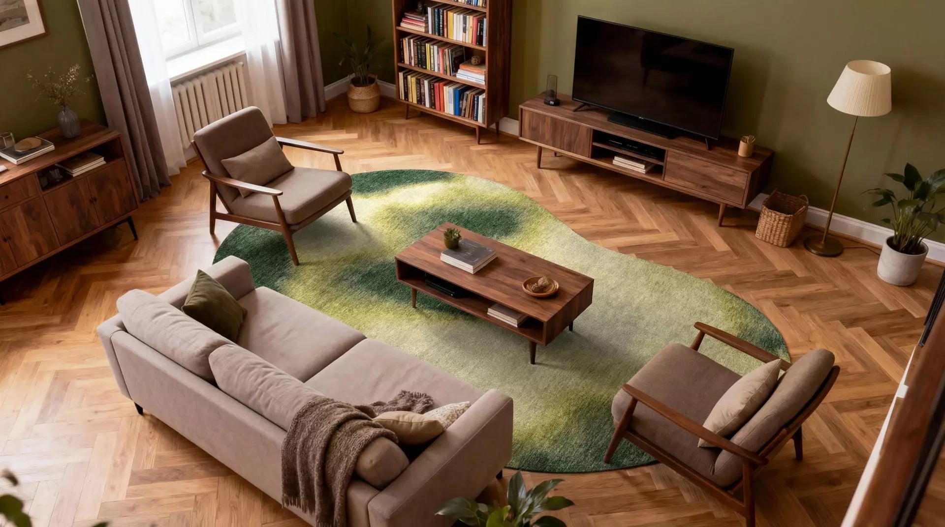 AQUARELLE LEAF oval rug in green with yellow
