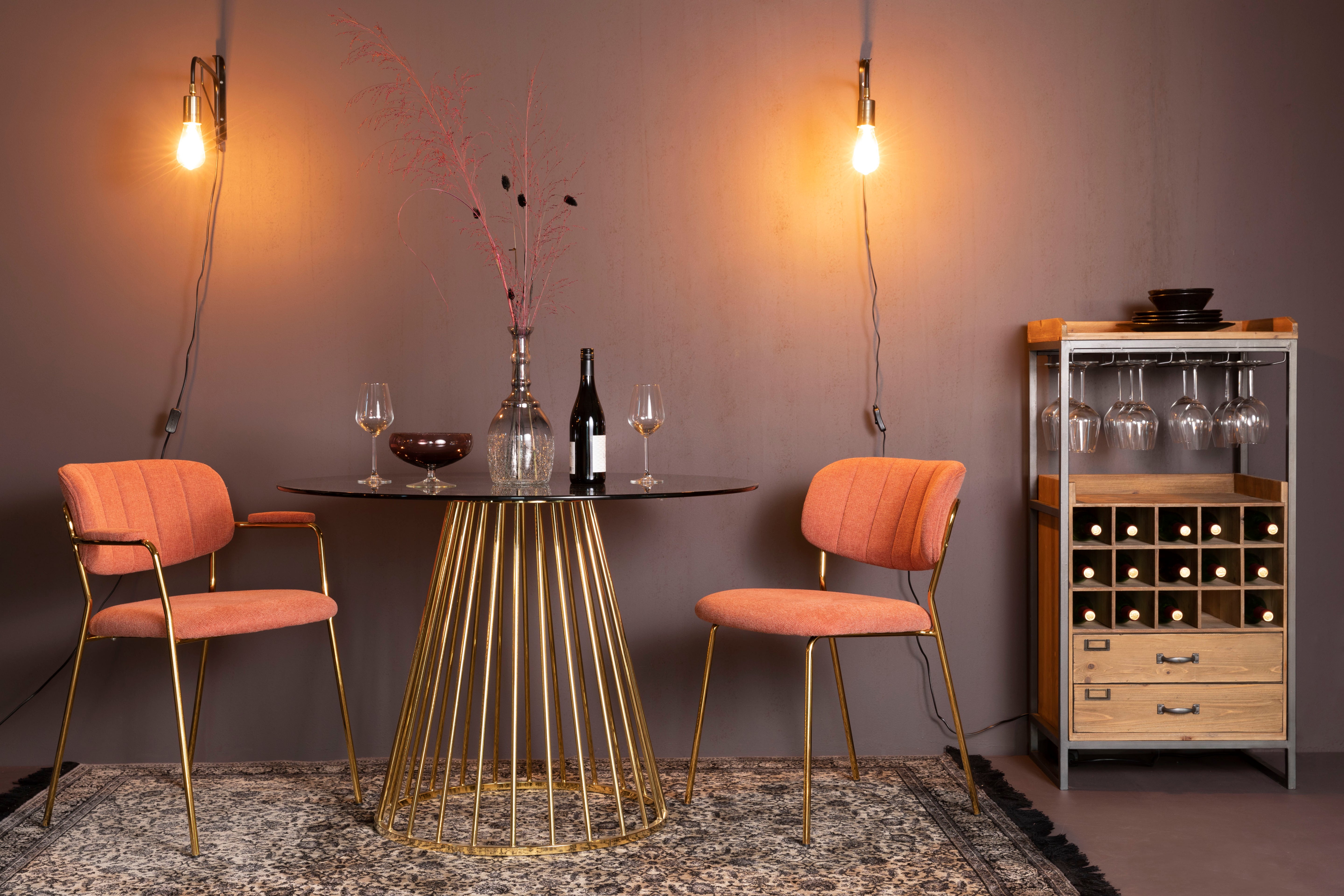 Runder Tisch FLORIS mit schwarzem Glas und goldenem Fuß