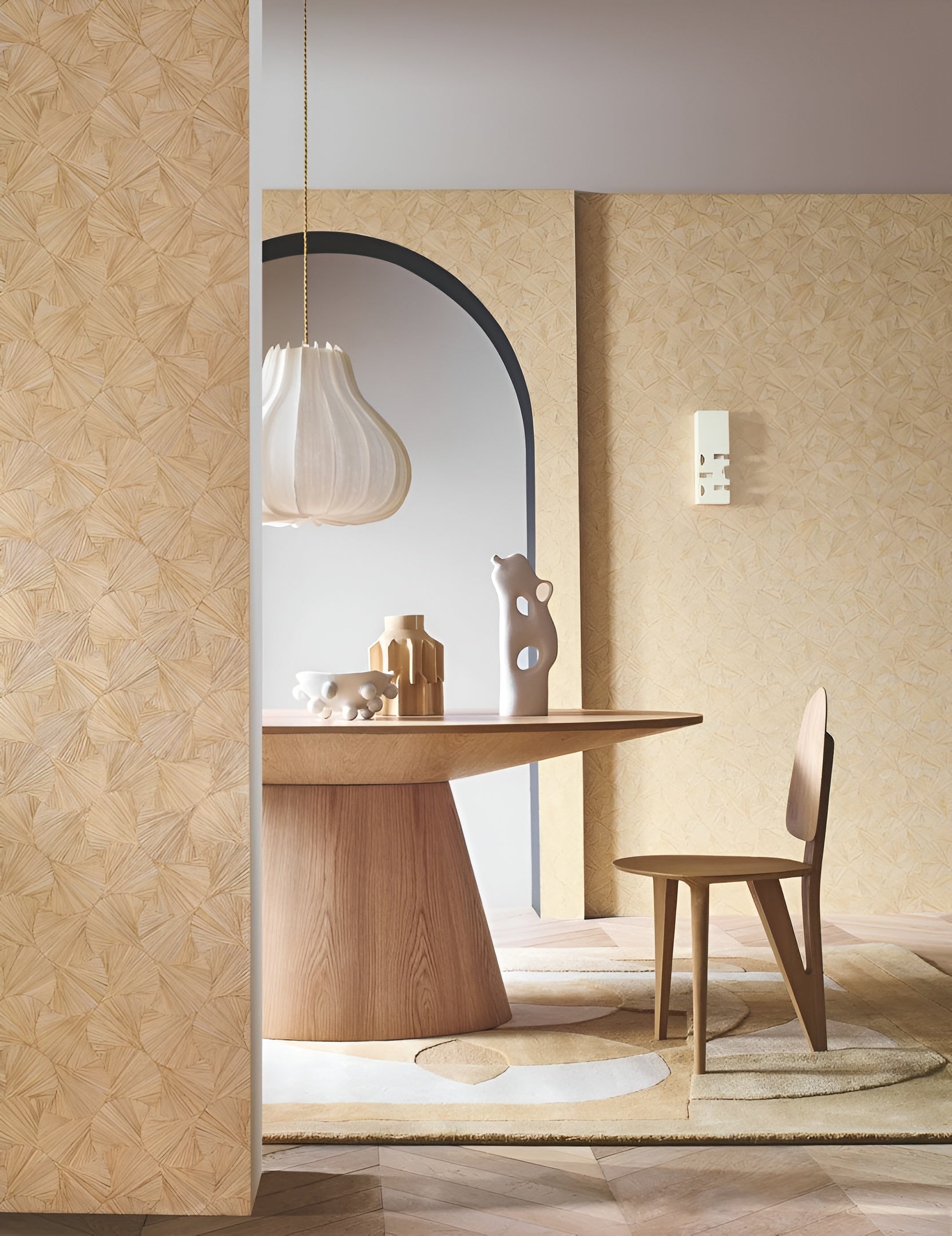 Geometric Structural Wallpaper with Leaf Plant Motif LOMBOK - OPALINE Light Green