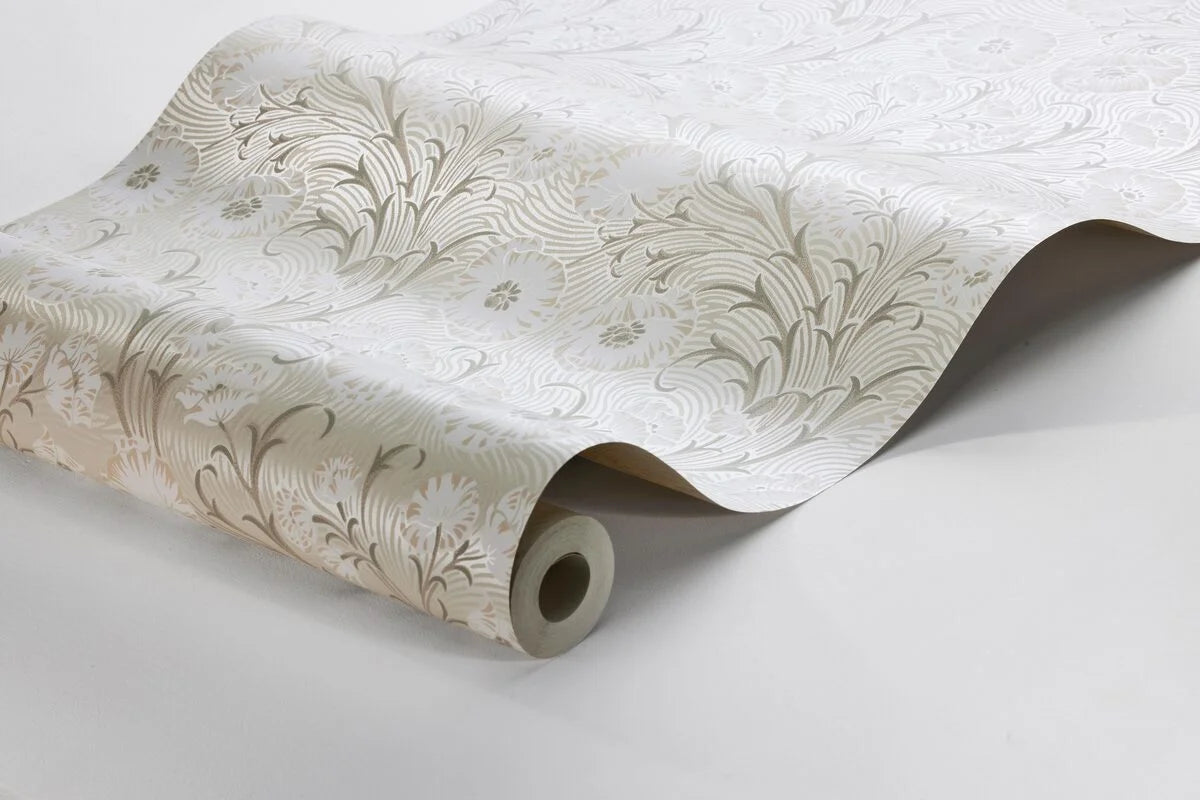 Beige floral patterned wallpaper with white Poppy Flow design