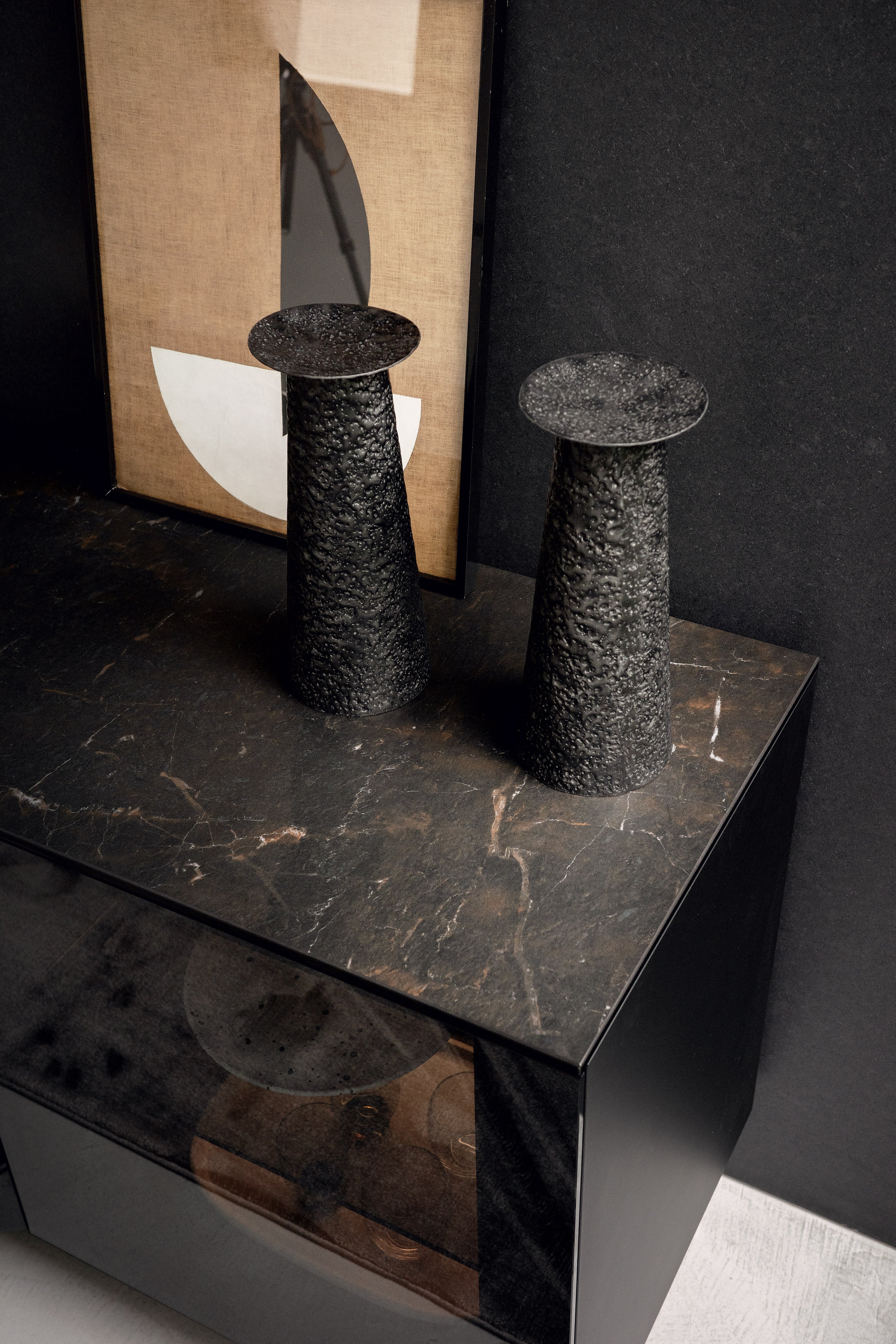 Glass sideboard with lighting UNIVERSAL matte black and brown ceramics