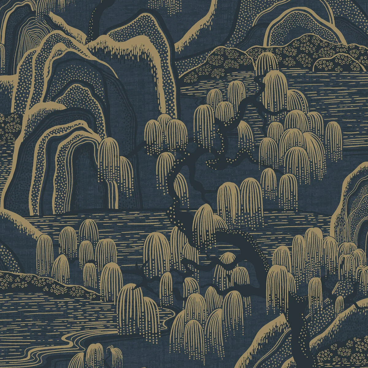 Vlies-Tapete mit Landschaft INDIGO GARDEN in Marineblau mit Gold