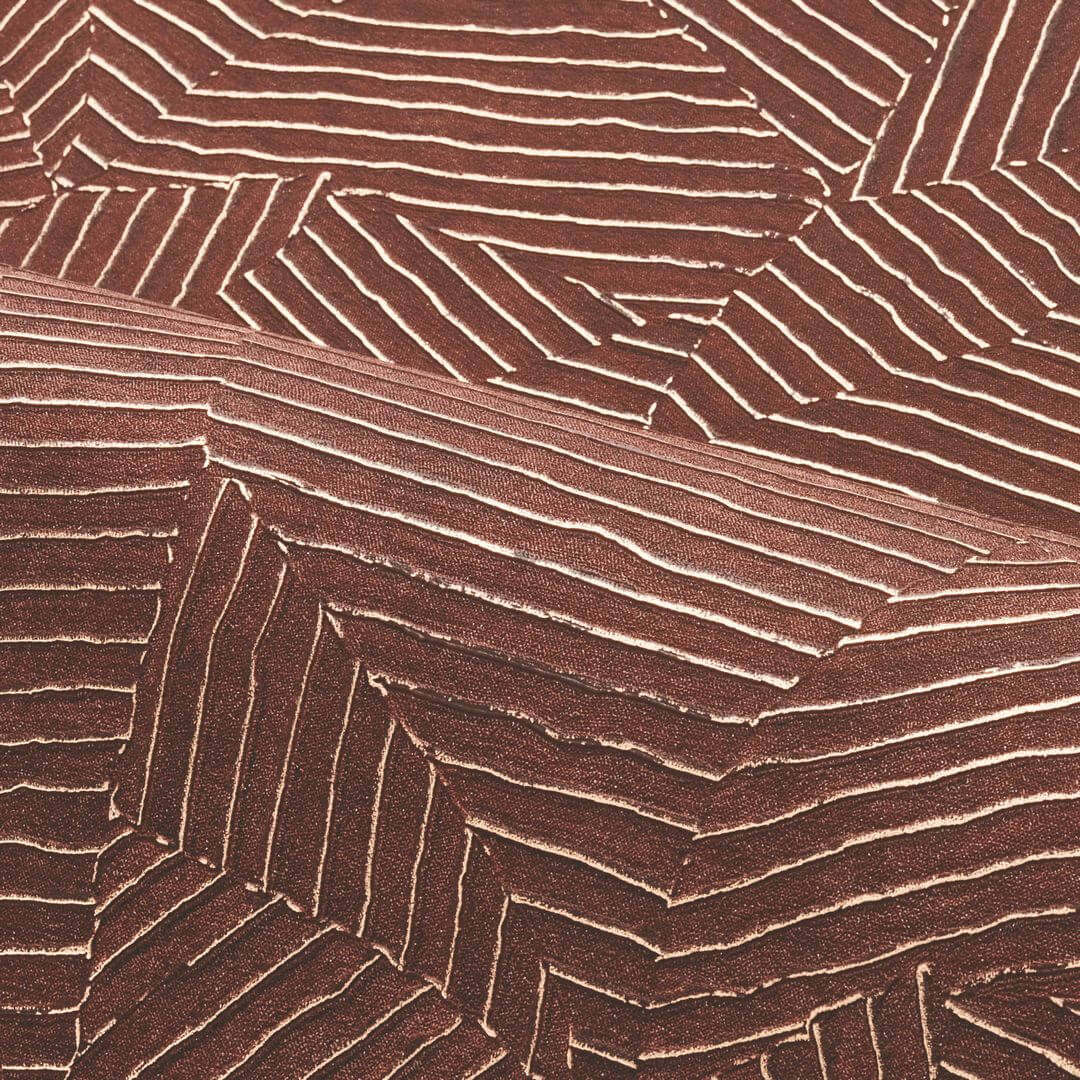 Metallic wallpaper with geometric leaf pattern LORE - TERRACOTTA/DORÉ terracotta