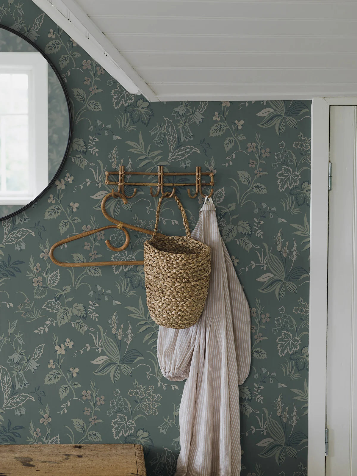 Folklore Plant Motif Wallpaper in Muted Green