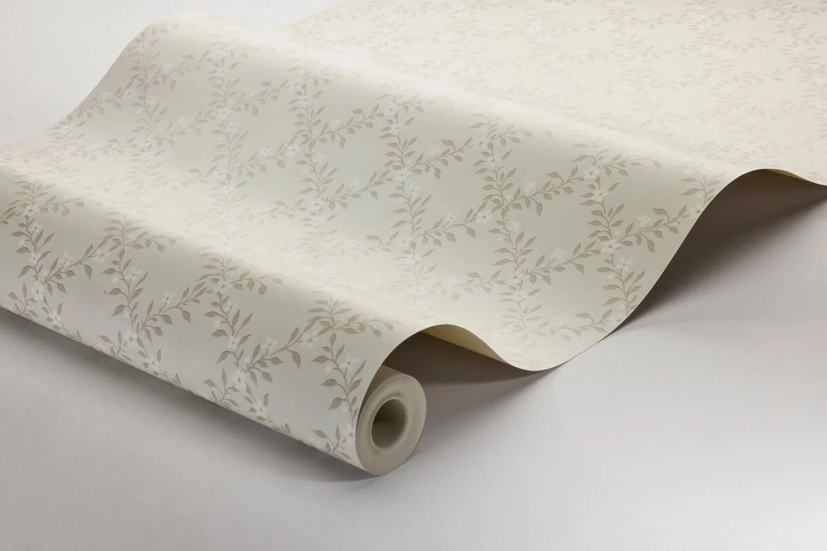 Beige floral motif wallpaper SOMMARSLÖJA with white