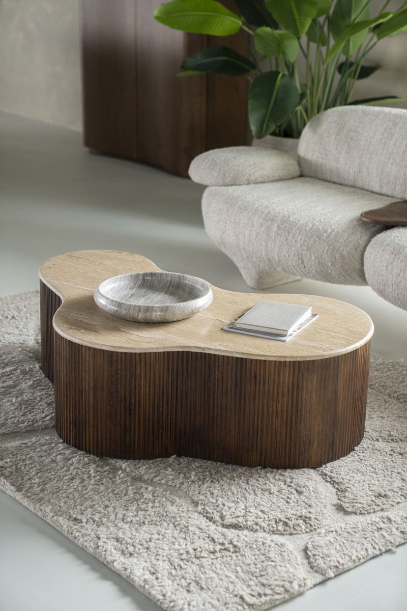 Couchtisch MARI aus Mangoholz mit Tischplatte aus Travertin