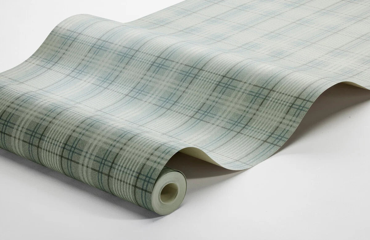 Geometric Pattern Wallpaper in Scottish Check TAILOR’S TWEED Turquoise with Beige