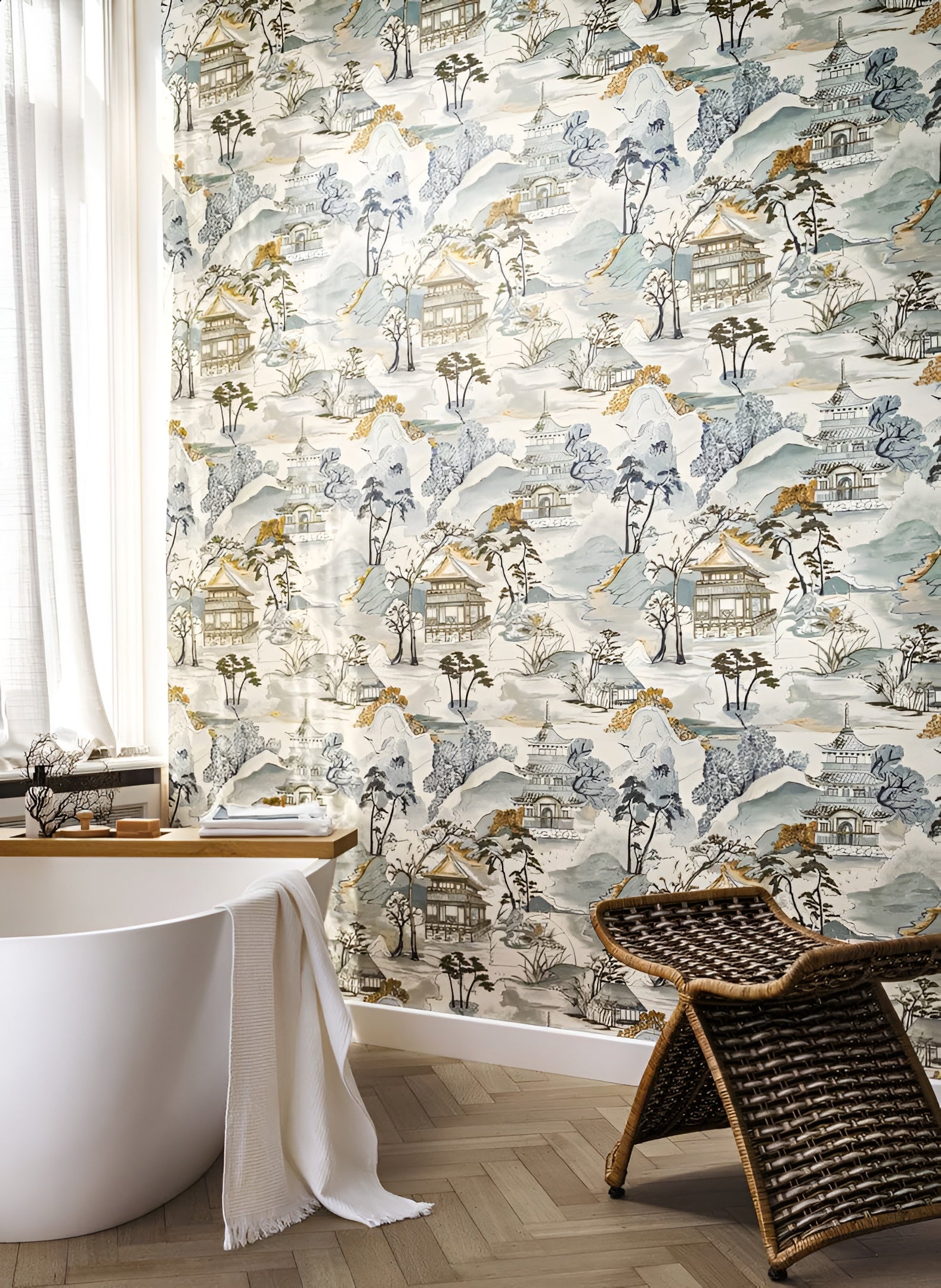 Structural wallpaper with oriental landscape NARA - WHITE/CELEDON white with celadon