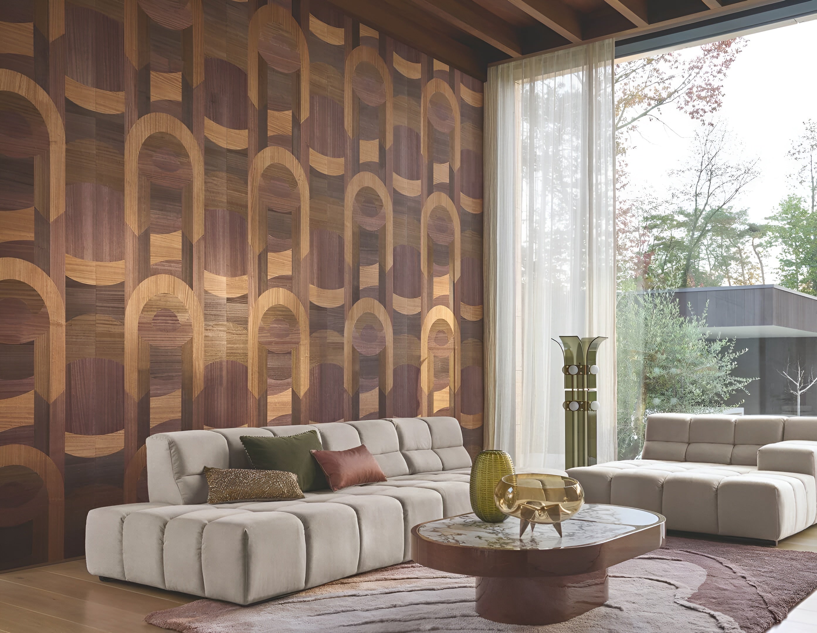 Tapete mit geometrischem Art-Déco-Muster TRAVERSÉE - CARBONE CHÊNE karbonisierter Eiche