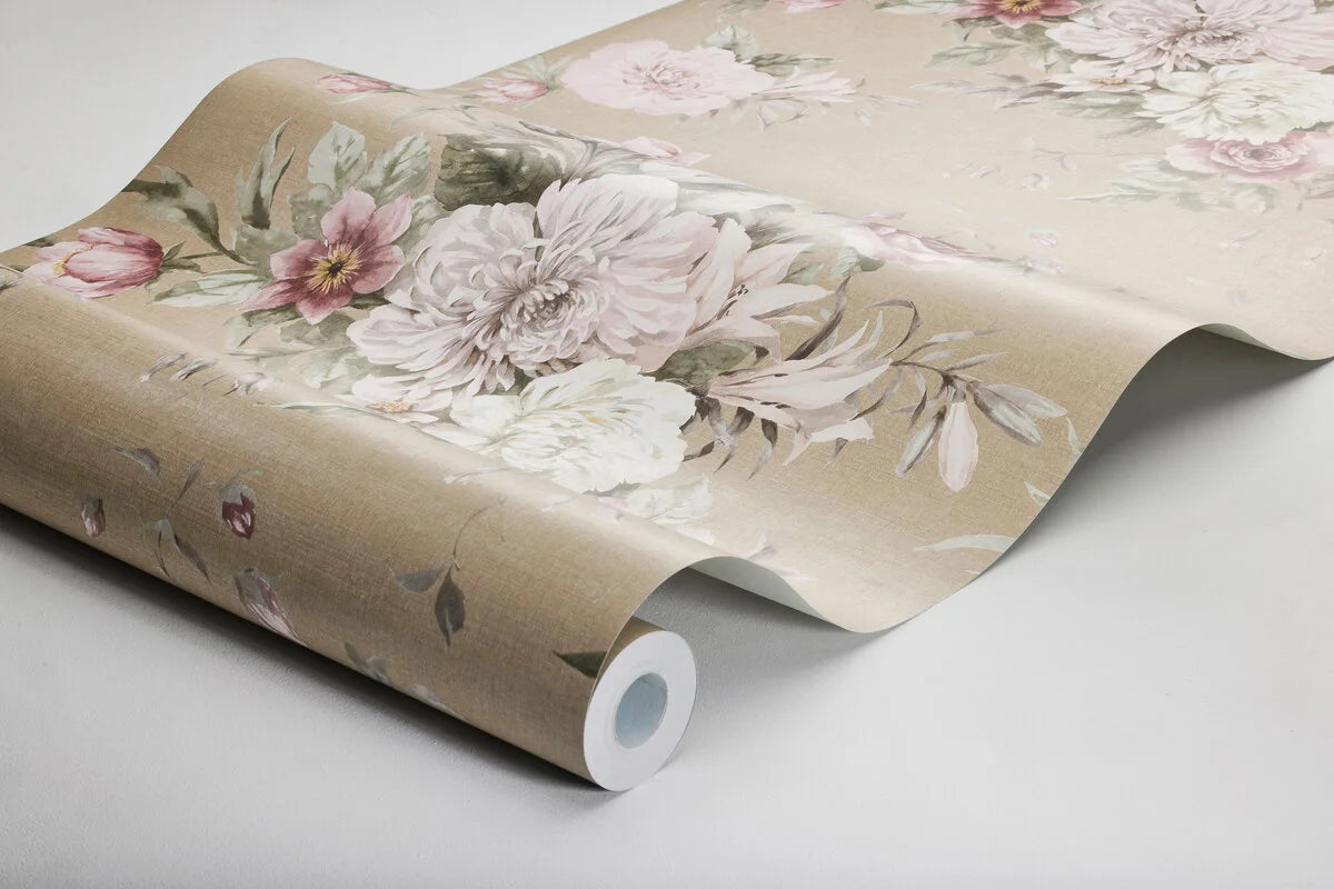 Non-woven paper wallpaper with a floral pattern FLORAL CHARM dark beige with pink and white