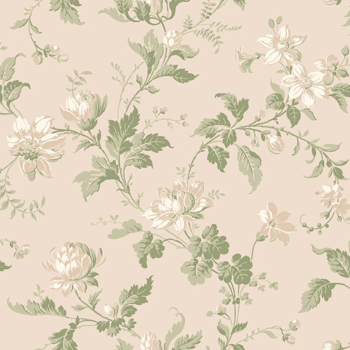 Non-woven paper wallpaper with a floral pattern BLOMSLINGA pink with green
