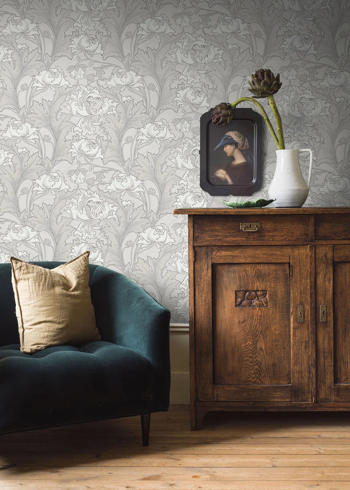 Non-woven paper wallpaper with a botanical pattern SIRI pearl gray with cream