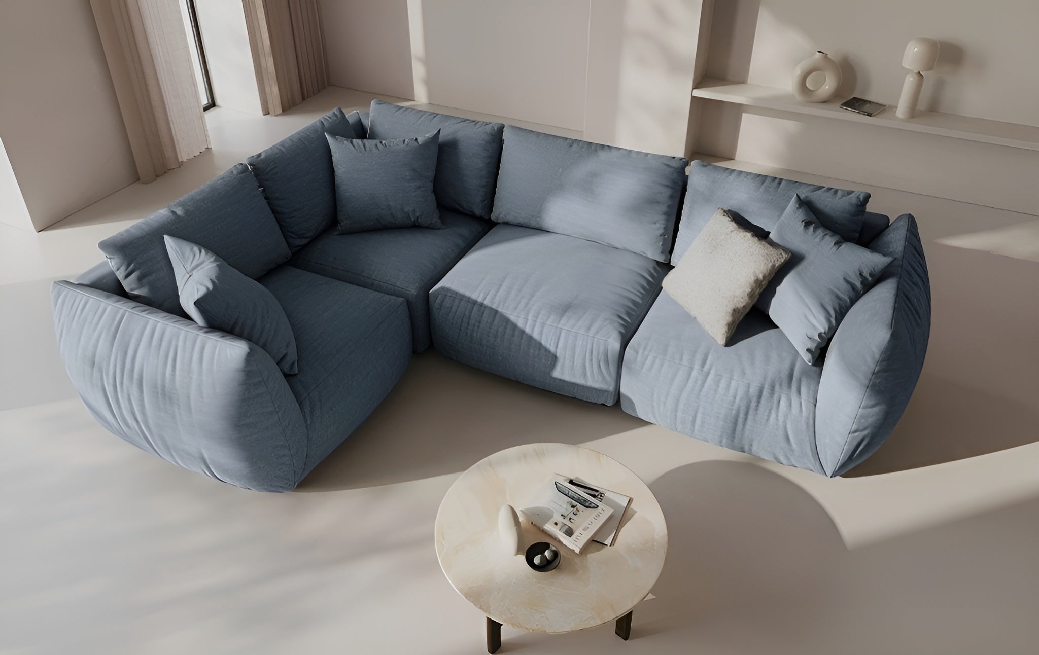 Right-facing 4-seater corner sofa CHRIS light blue chenille